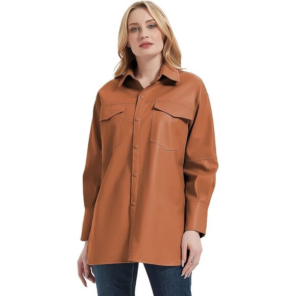 🆕 Women Brown Faux Leather Blazer Jackets Spring Fashion Vegan Button Down Coat - Picture 3 of 6